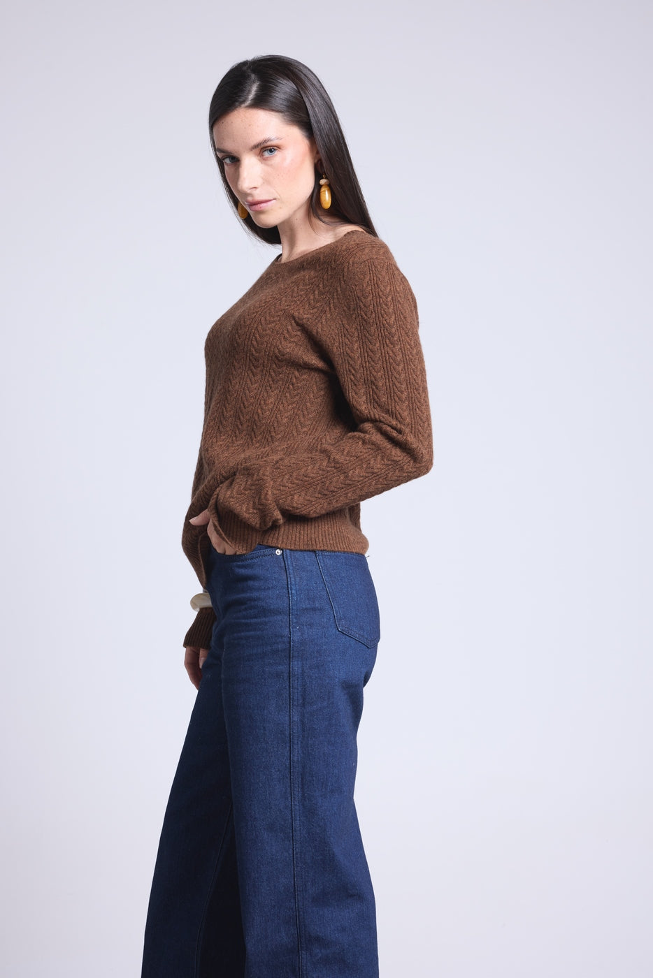 Jersey de cuello redondo trenzado Chiara - Marrón - Mujer