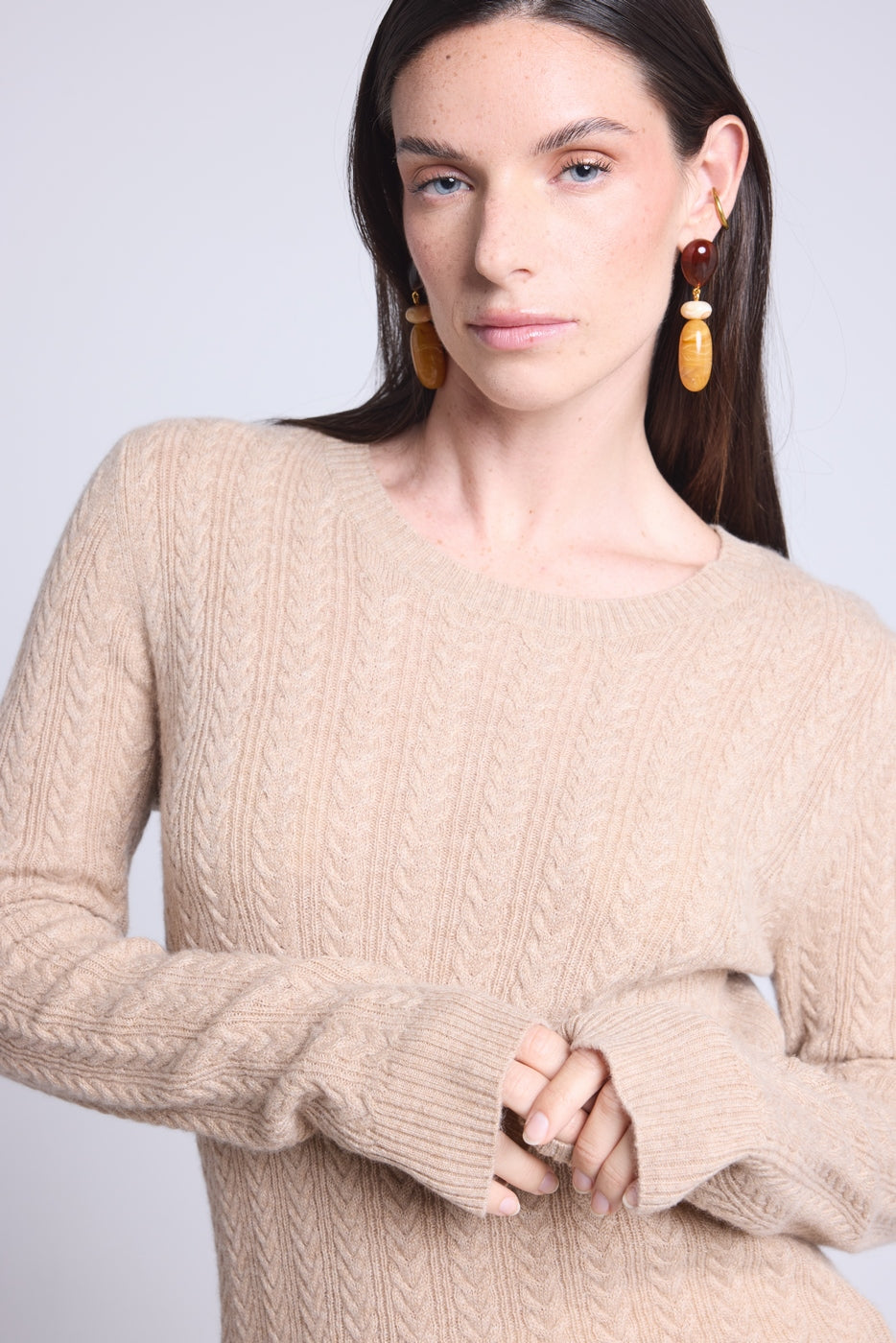 Jersey de cuello redondo trenzado Chiara - Beige crema - Mujer