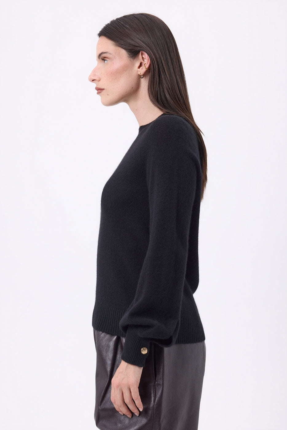 Maglione Girocollo Bottoni Rib Manica Clip - Nero - Donna - 100% Cashmere