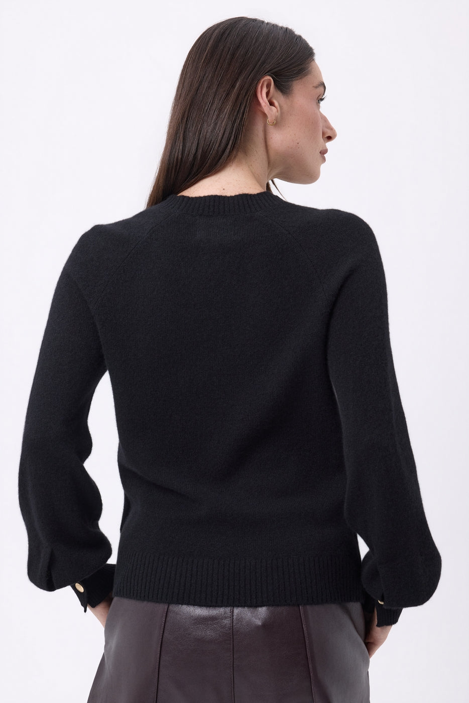 Maglione Girocollo Bottoni Rib Manica Clip - Nero - Donna - 100% Cashmere