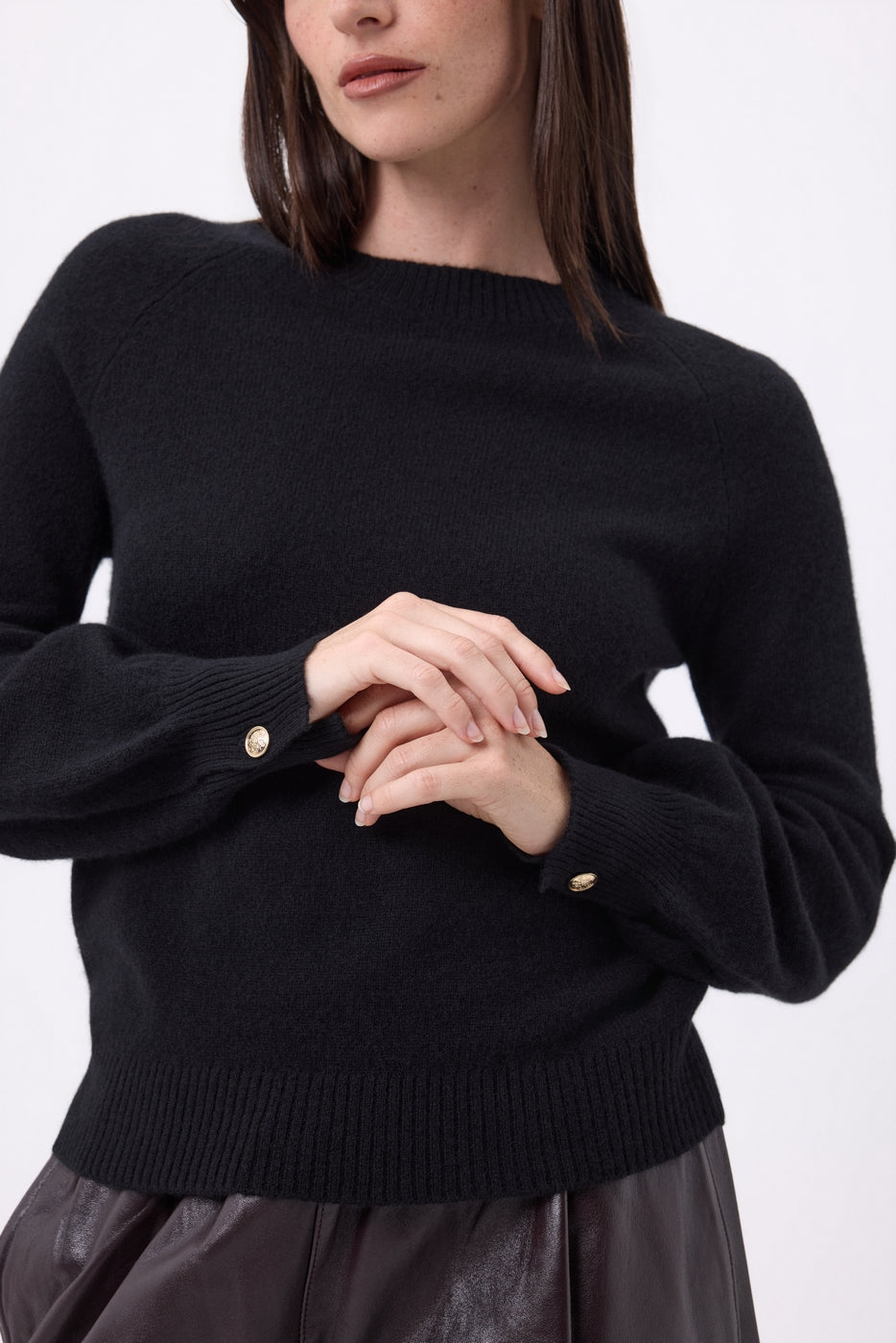 Maglione Girocollo Bottoni Rib Manica Clip - Nero - Donna - 100% Cashmere