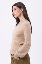 Maglione Girocollo Con Bottoni A Coste E Maniche A Pipistrello - Beige Crema - Donna - 100% Cashmere