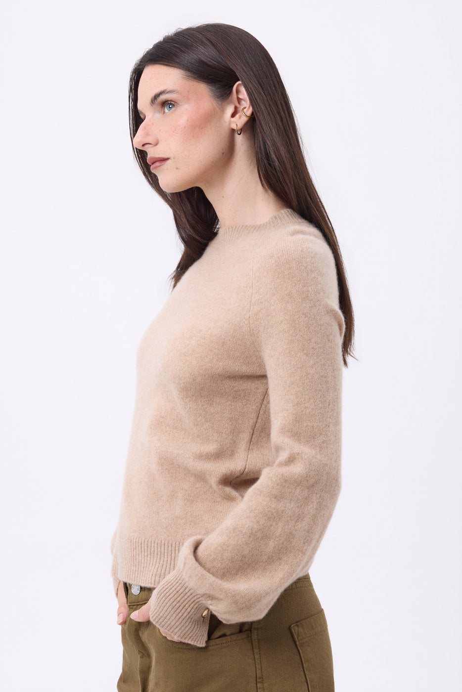 Maglione Girocollo Con Bottoni A Coste E Maniche A Pipistrello - Beige Crema - Donna - 100% Cashmere