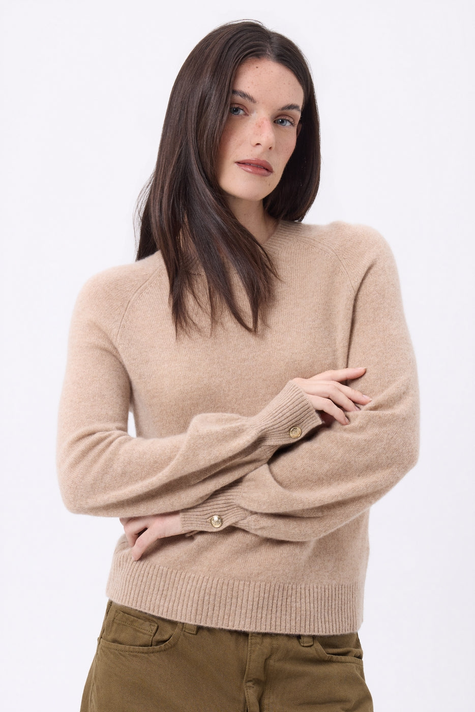 Maglione Girocollo Con Bottoni A Coste E Maniche A Pipistrello - Beige Crema - Donna - 100% Cashmere