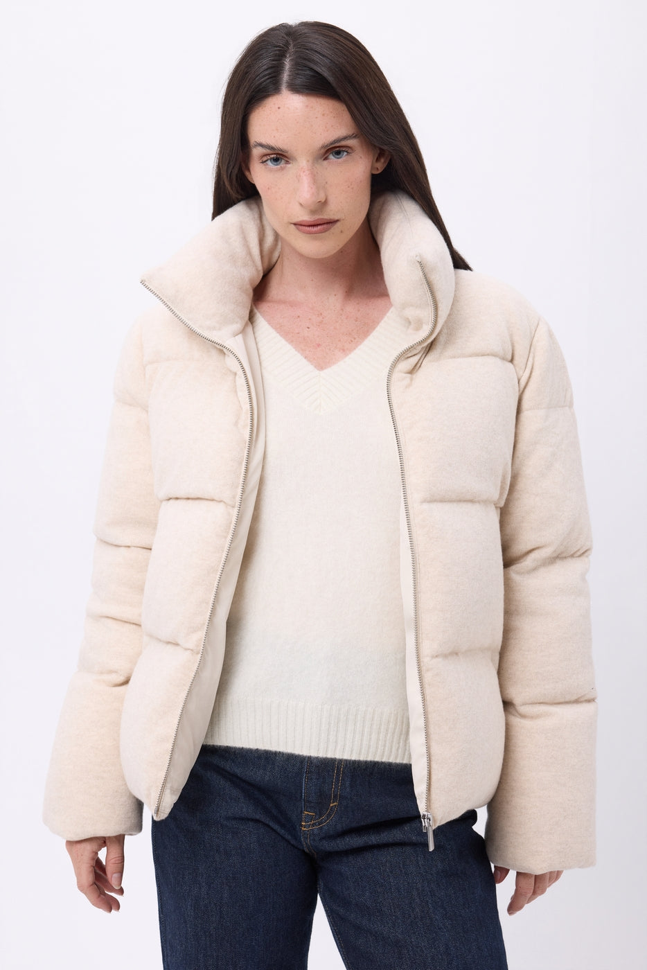 Cloud Long-sleeved Puffer Jacket - Beige - Women - Cashmere and Wool
