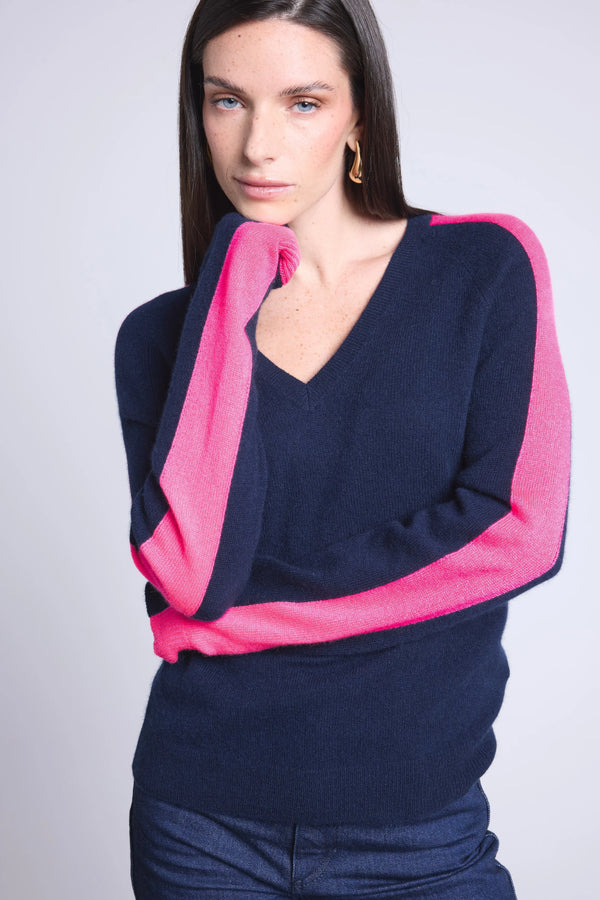 V-ringad Tröja Med Rosa Rand Coline - Marinblå Och Neonrosa - Dam - 100% Kashmir