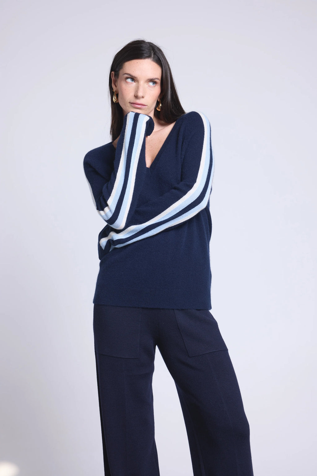 Coline Blue Stripe V-Neck Jumper - Navy Blue & Blue and White - Women