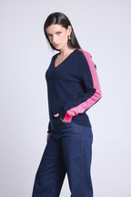 Coline Pink Stripe V-Neck Jumper - Navy Blue And Neon Pink - Women