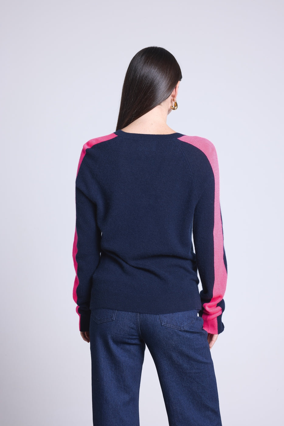 Coline Pink Stripe V-Neck Jumper - Navy Blue And Neon Pink - Women