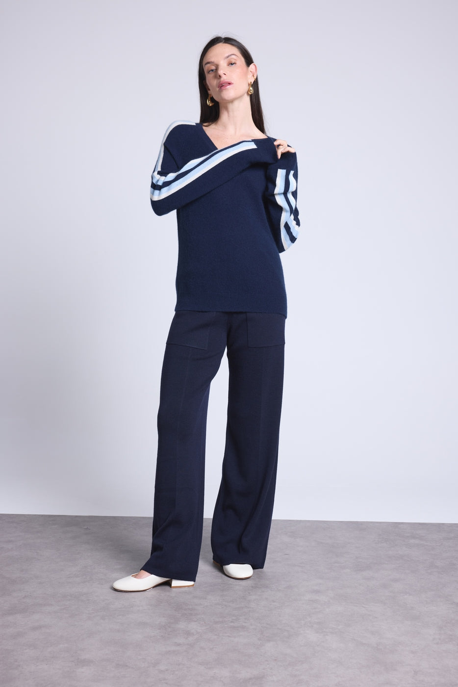Coline Blue Stripe V-Neck Jumper - Navy Blue & Blue and White - Women