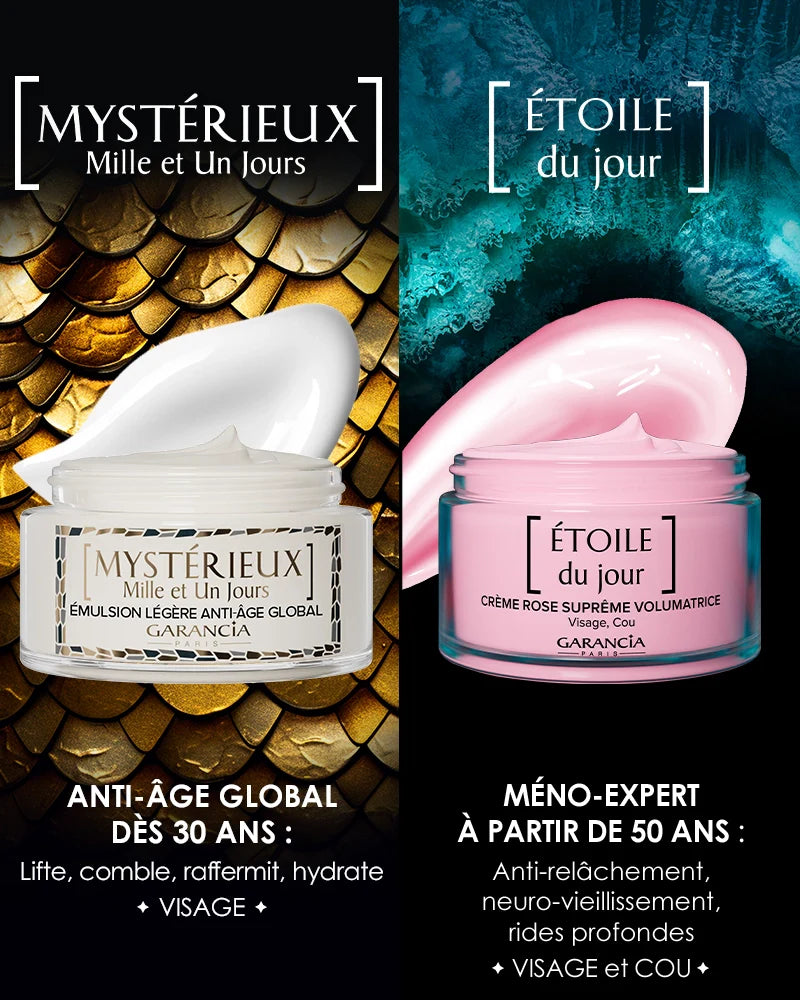 Comparativa guardería Garancia: Emulsión Misteriosa Los Mil Un Días a partir de 30 años vs. Crema rosa Étoile du Jour a partir de 50 años