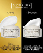 Laboratoire Garancia Anti-Âge & Anti-Rides [ MYSTÉRIEUX Mille et Un Jours ] Différence entre les textures Mystérieux Mille et Un Jours : Crème veloutée pour peaux normales à sèches et Émulsion légère pour peaux mixtes à grasses."