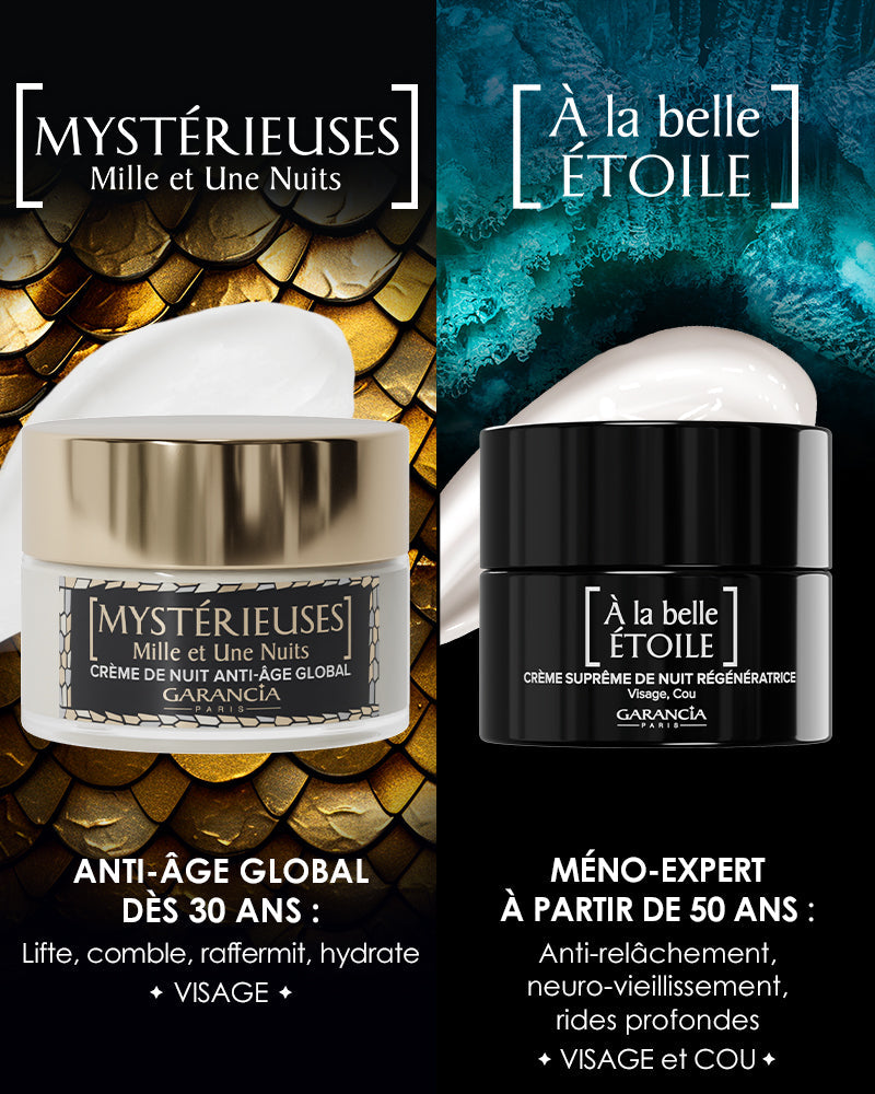 Comparativa de las cremas de noche Garancia: Mystérieuses antiedad global a partir de 30 años vs Tratamiento Méno-Expert À la belle Étoile a partir de 50 años