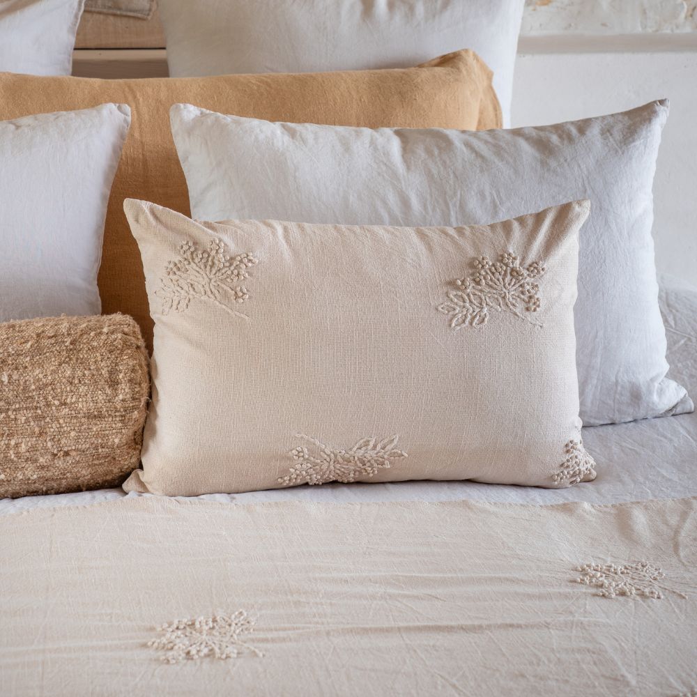 Embroidered Slub Cotton Cushion Cover - Ecru