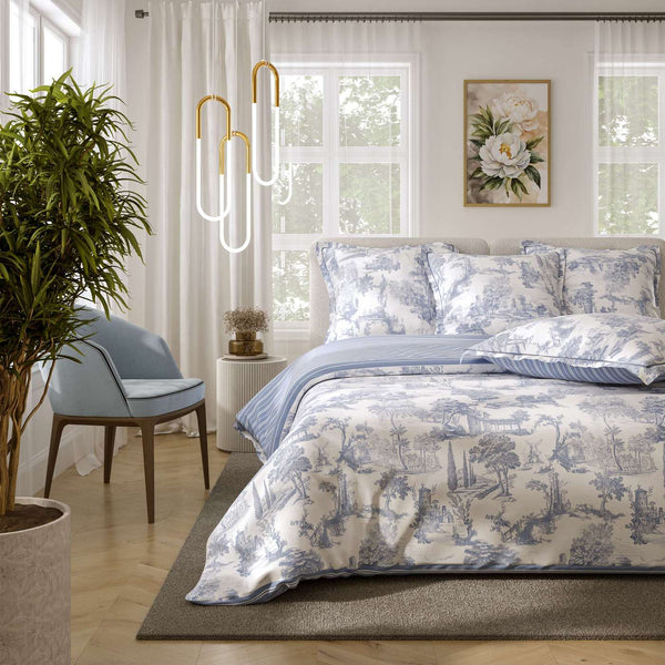 Parure De Couette "Imprimé Double Face" + 2 Taies D'Oreiller Volant Plat Piqué - 100% Percale Pur Coton Peigné 80 Fils/Cm2 - Sorableu