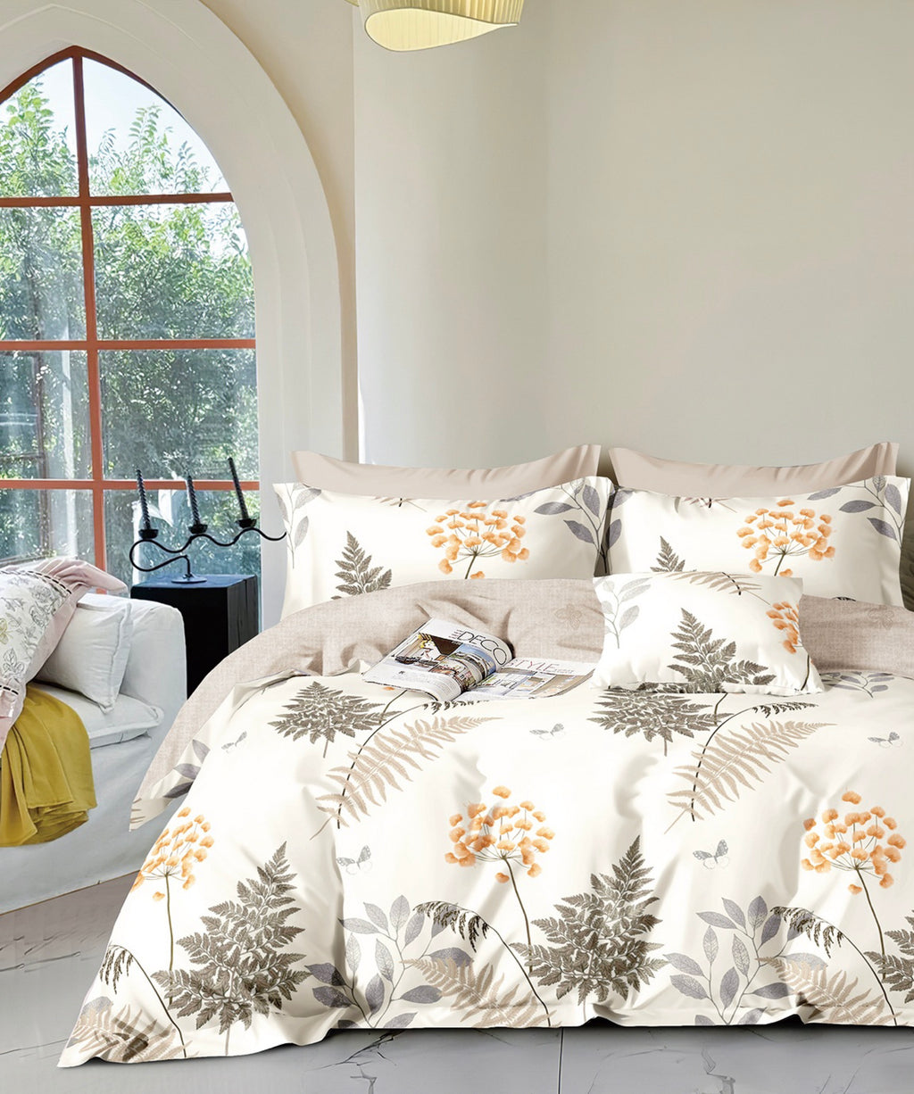 Double-Faced Printed Duvet Set + 2 Flat Pique Ruffle Pillowcases - 100% Pure Combed Cotton Percale