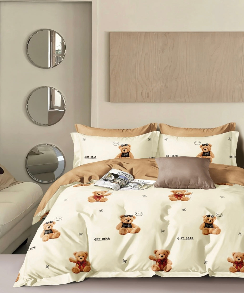 Double-Faced Printed Duvet Set + 2 Flat Pique Ruffle Pillowcases - 100% Pure Combed Cotton Percale