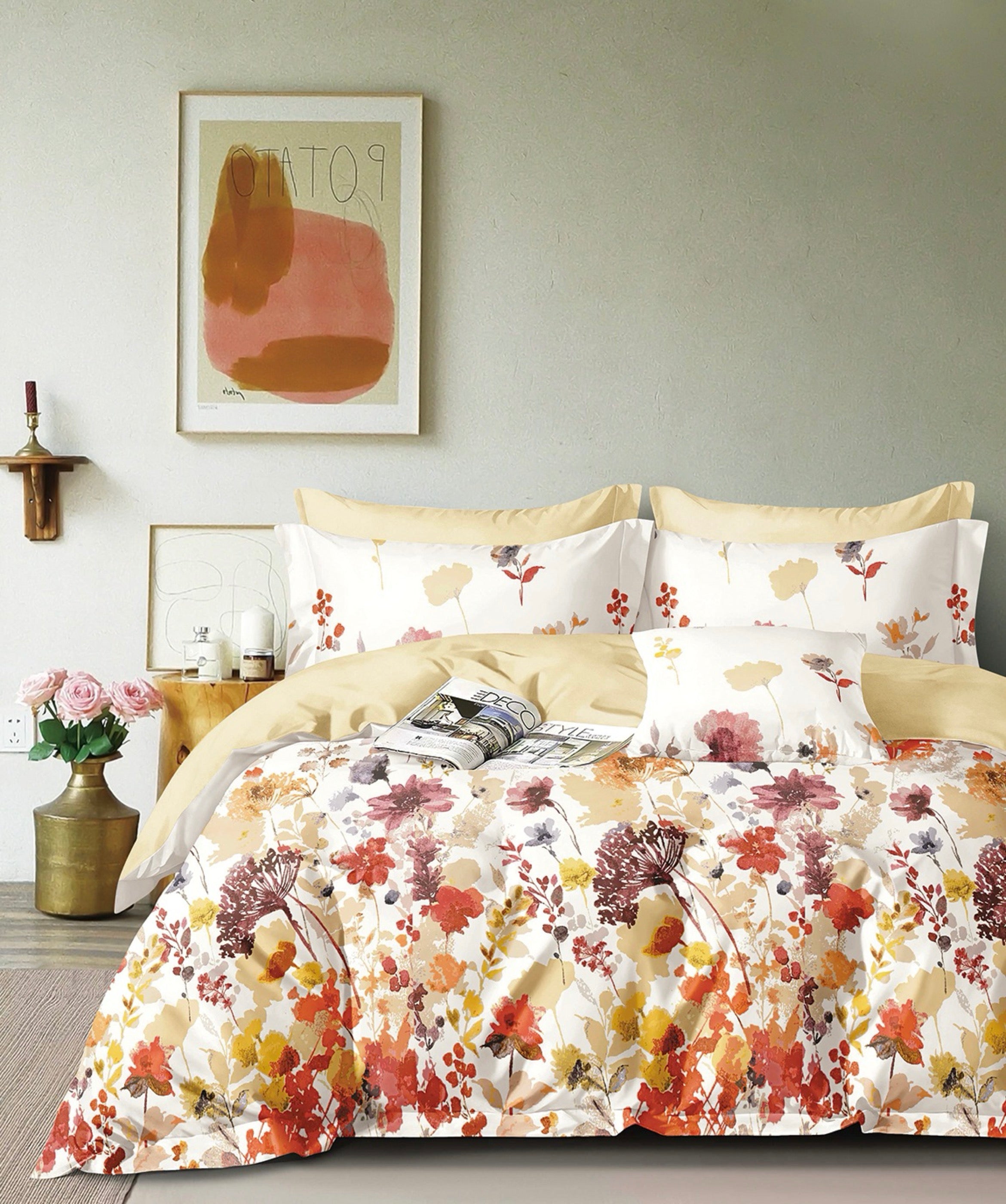 Double-Faced Printed Duvet Set + 2 Flat Pique Ruffle Pillowcases - 100% Pure Combed Cotton Percale