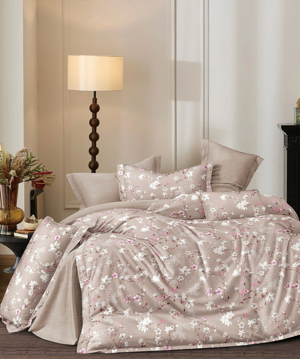 Parure De Couette Imprimé Double Face + 2 Taies D'Oreiller Volant Plat Piqué - 100% Percale Pur Coton Peigné