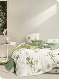 Double-Faced Printed Duvet Set + 2 Flat Pique Ruffle Pillowcases - 100% Pure Combed Cotton Percale