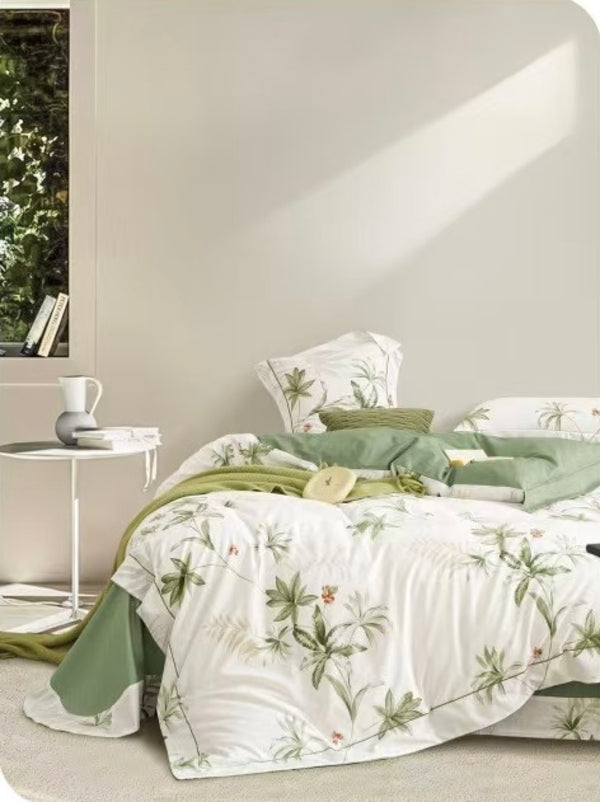 Double-Faced Printed Duvet Set + 2 Flat Pique Ruffle Pillowcases - 100% Pure Combed Cotton Percale