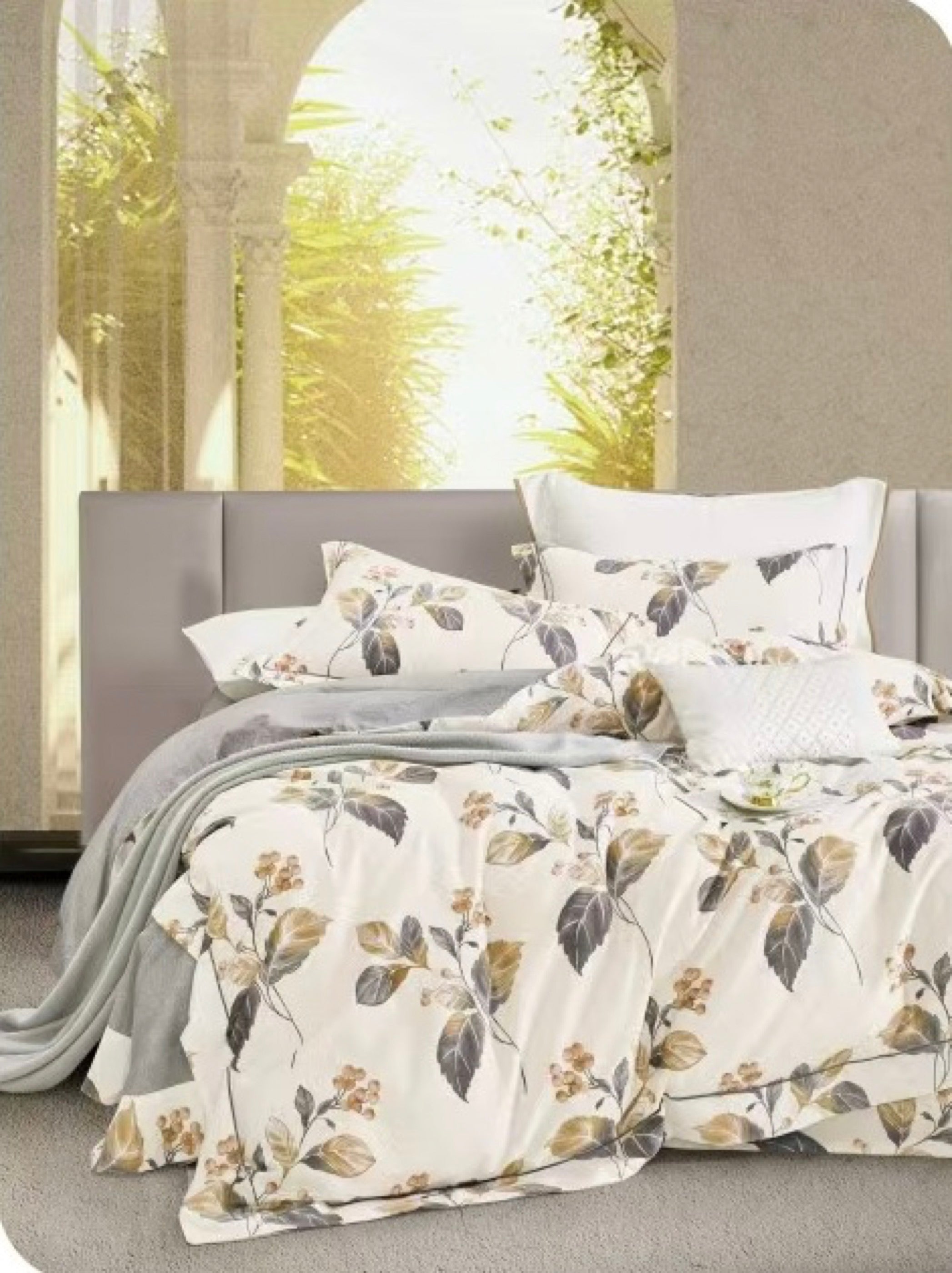 Juego de Edredón Estampado Doble Cara + 2 Fundas de Almohada con Volantes Planos de Piqué - 100% Puro Algodón Percal Peinado