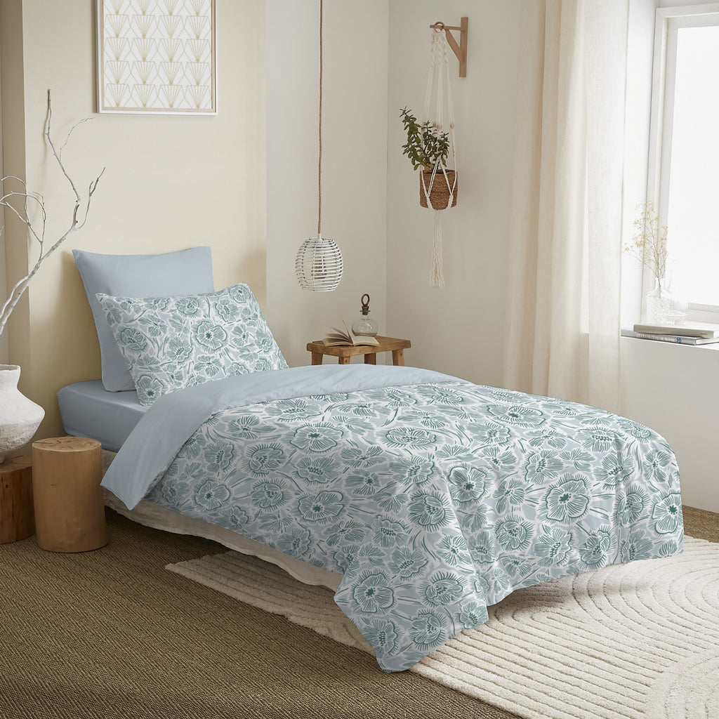 Pack Completo Estampado (Funda Nórdica + Funda(s) De Almohada + Sábana Bajera) - 100% Algodón 57 Hilos - Agathe Celadon