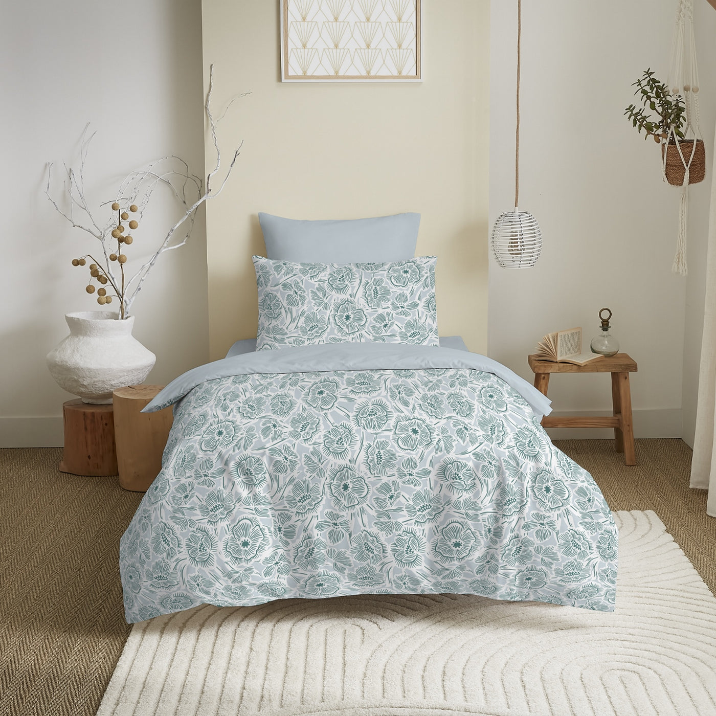 Pack Completo Estampado (Funda Nórdica + Funda(s) De Almohada + Sábana Bajera) - 100% Algodón 57 Hilos - Agathe Celadon