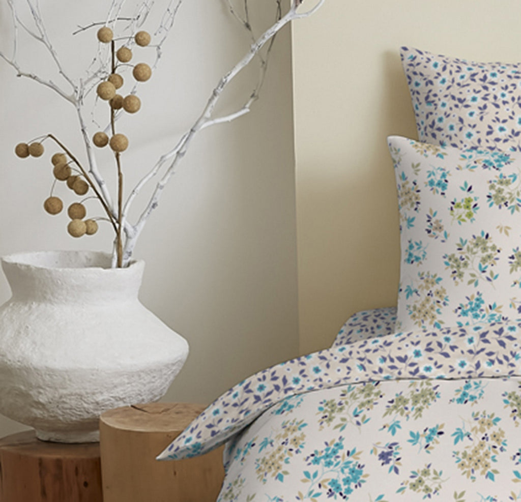 Pack Complet Imprimé (Housse De Couette + Taie(s) + Drap Housse) - 100% Coton 57 Fils - Tanya Cyan