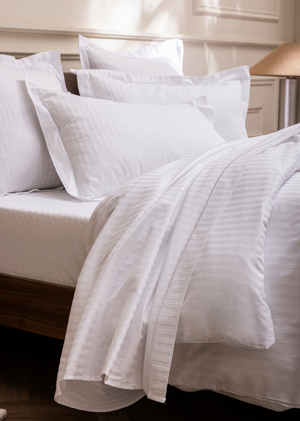 Funda de Almohada "Prestige" - Satén 100% Algodón Peinado con Finas Rayas - Blanco