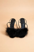 Omyra Sandal In Black Mirrored Leather & Turkey Feathers