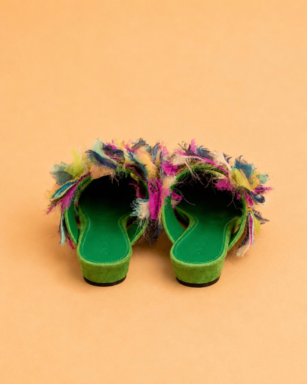 Baba Flat In Green Suede & Multicolor Organza