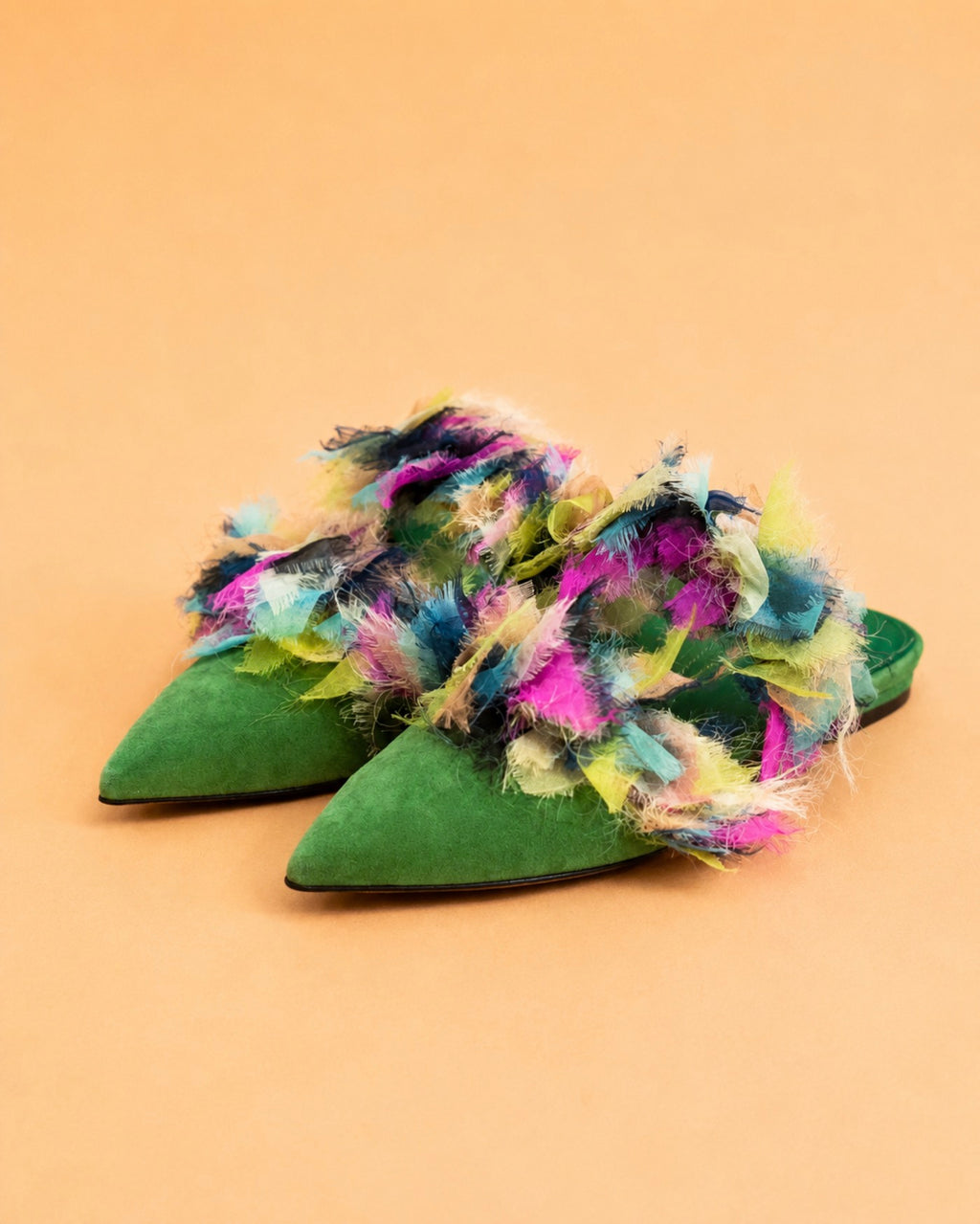 Baba Flat In Green Suede & Multicolor Organza
