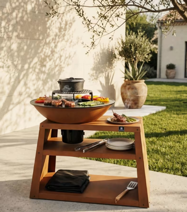 Brasero Avec Meuble Intégré, Accessoires Et Housse De Protection - Métal - Gris