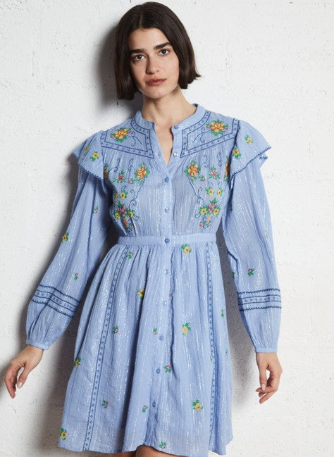 Short Ml Embroidered Ruffle Dress - Blue-Lavender