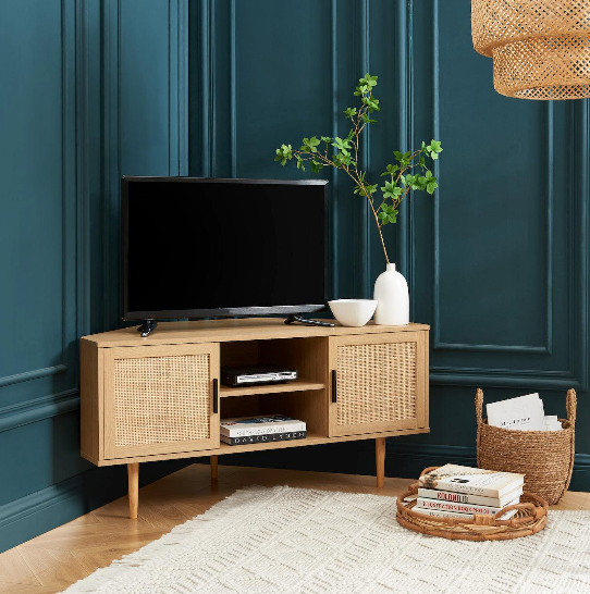 Amana - Hjørne-tv-bord - Egetræslook og rattanflet