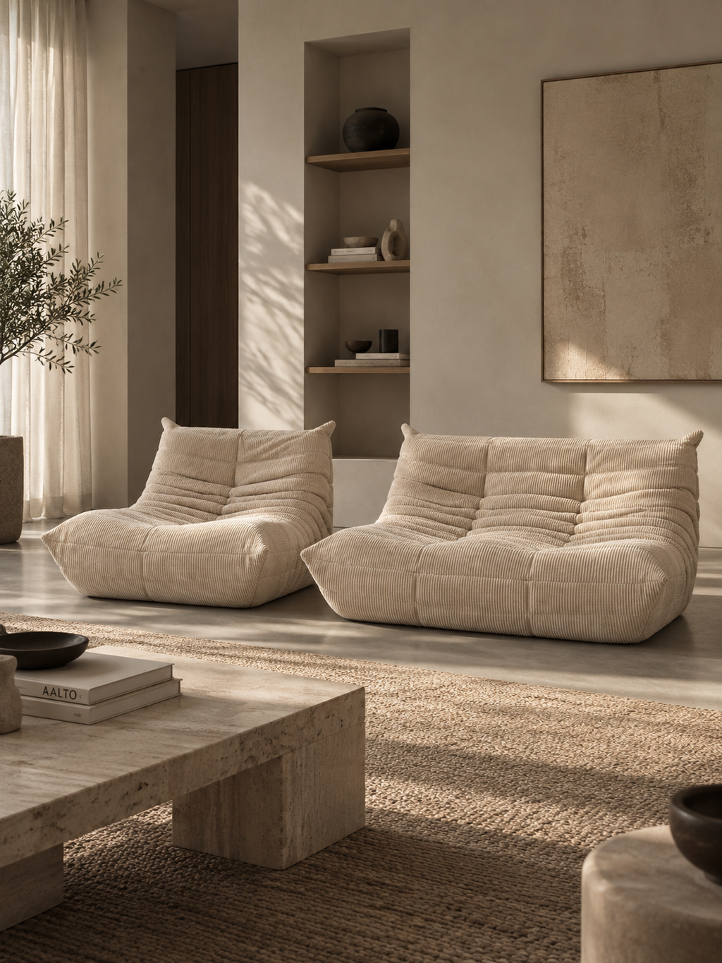 Togo-sæt – 2-personers sofa + lænestol – velour – beige