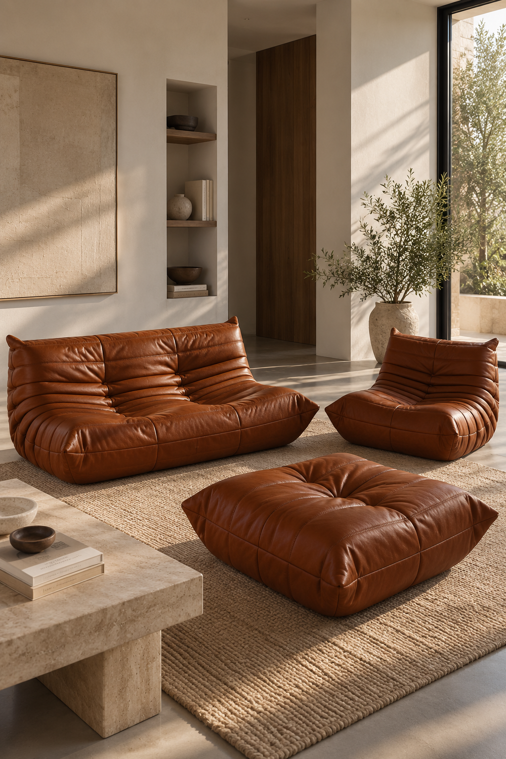 Togo Set – 2-Sitzer-Sofa + Sessel + Hocker – Leder – Whiskeybraun