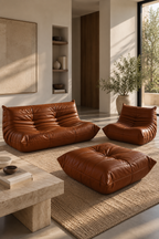 Togo Set – 2-Sitzer-Sofa + Sessel + Hocker – Leder – Whiskeybraun