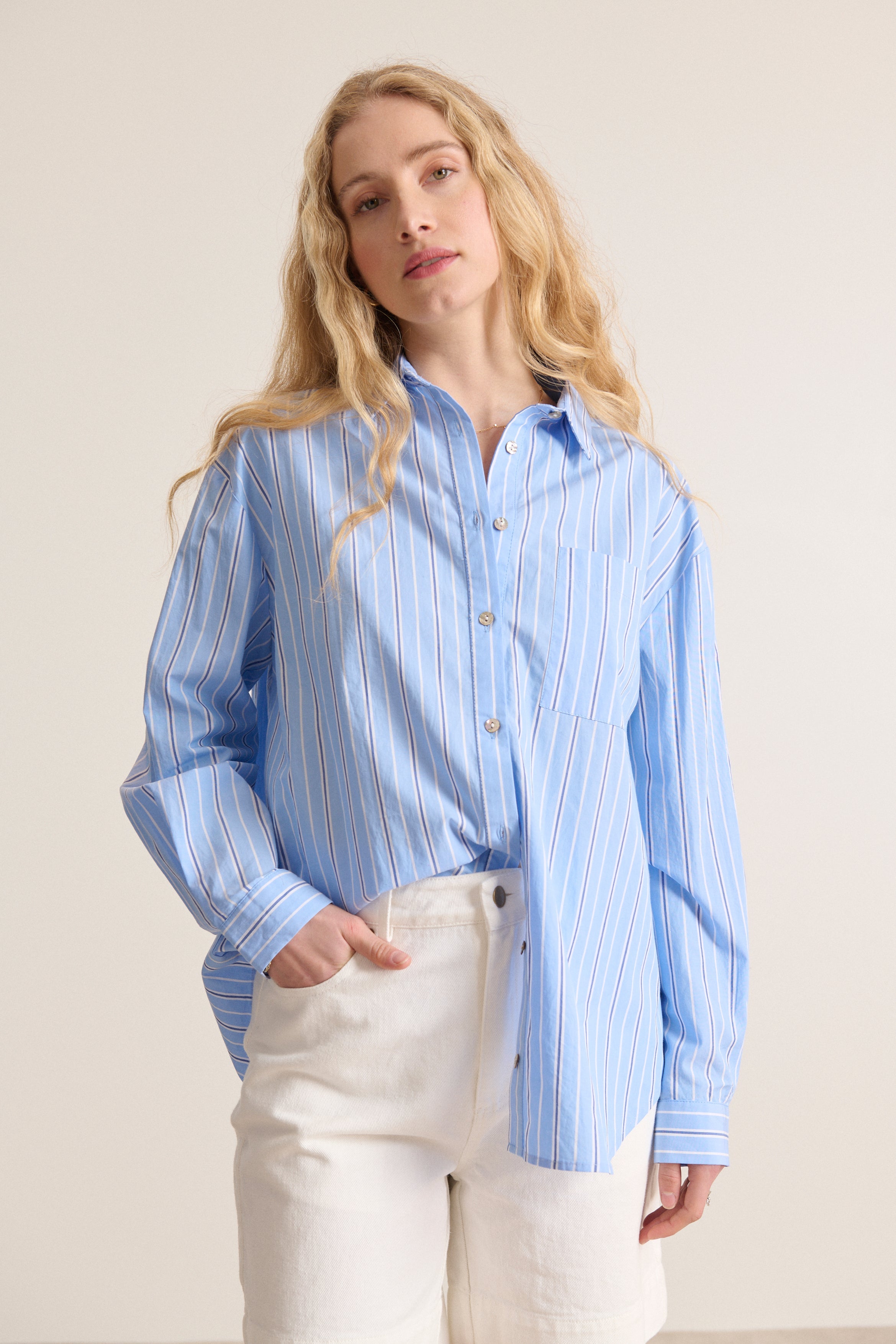 Top algodón azul y blanco camisa recta rayas manga larga ropa mujer