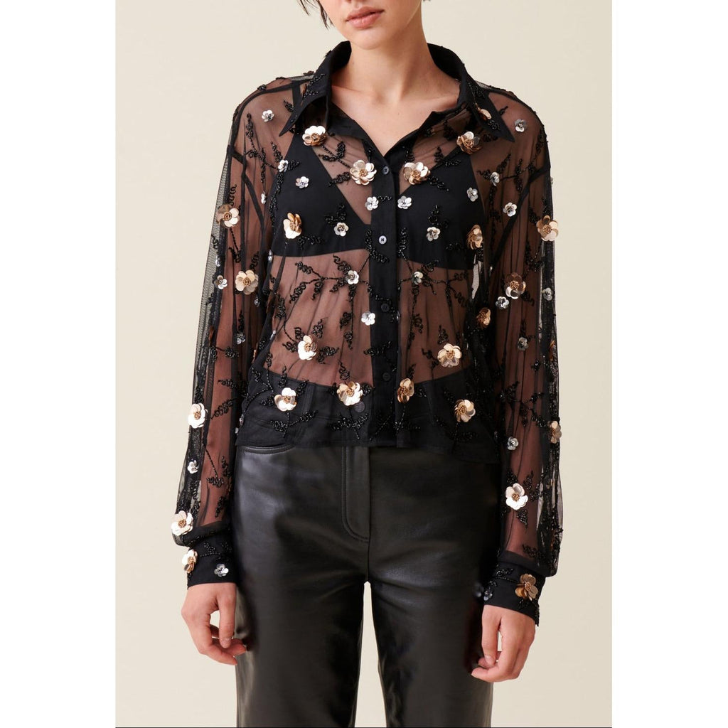 Claudie Pierlot - Camisa Negra Transparente Bordada