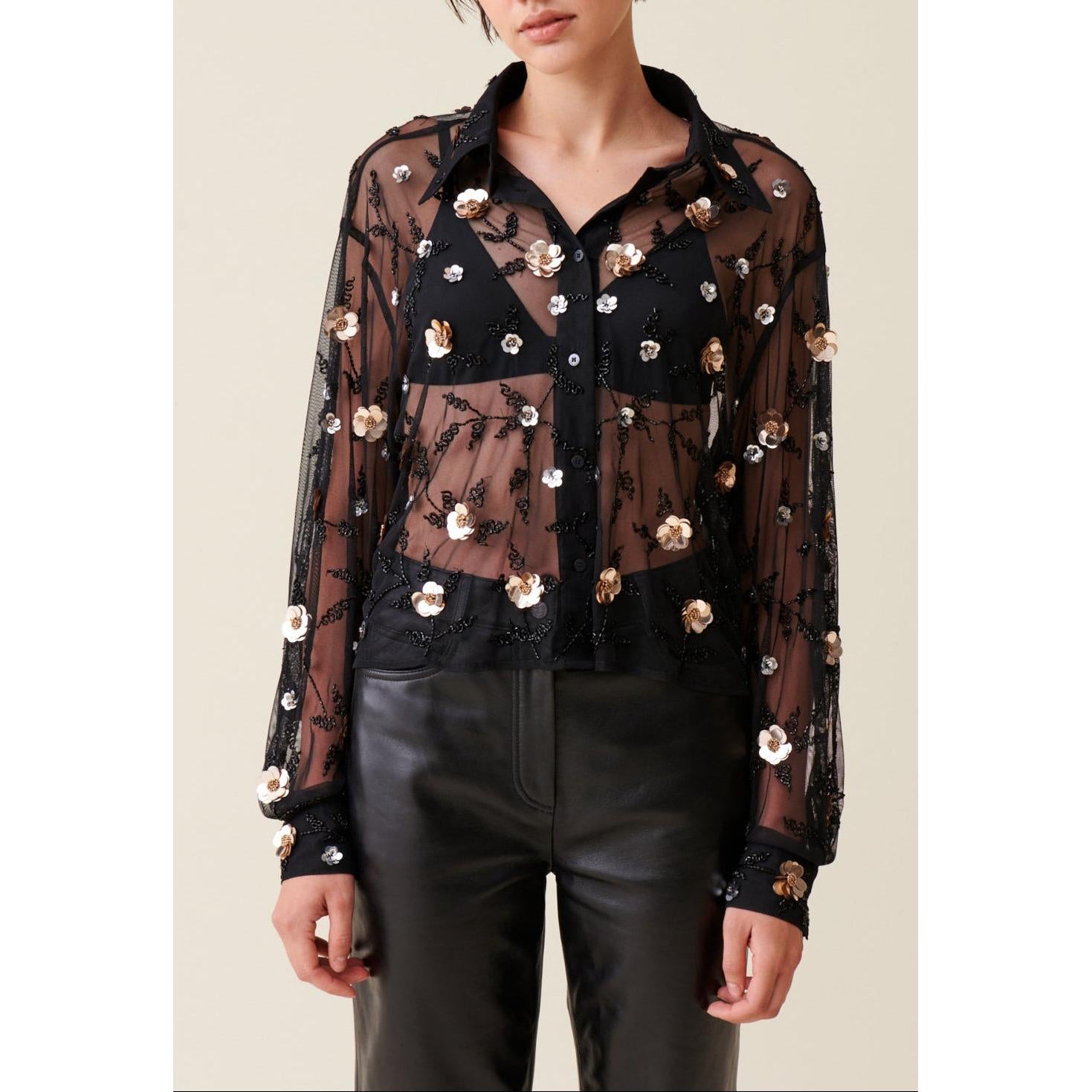 Claudie Pierlot - Camisa Negra Transparente Bordada