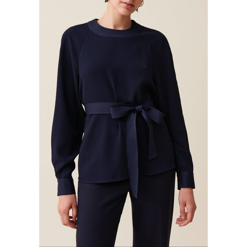Navy Belted Fluid Blouse
