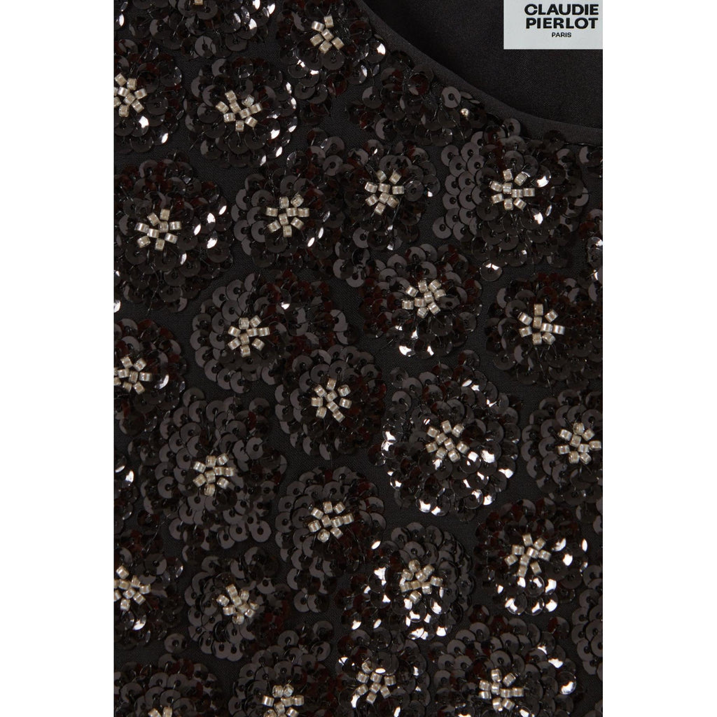 Black Embroidered Sequin Open-Back Top