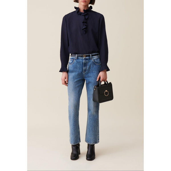 Claudie Pierlot - Blusa rayada con volantes azul oscuro
