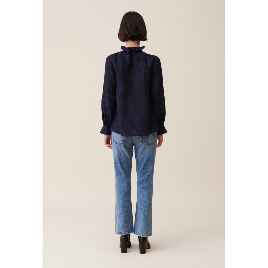 Claudie Pierlot - Blouse Rayée Volants Bleu Foncé
