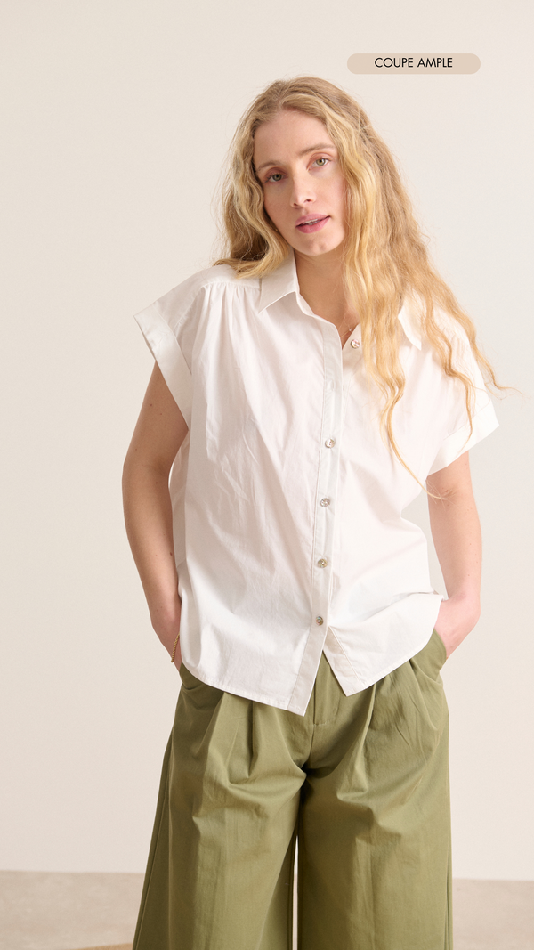 Camisa blanca de popelina sin mangas con aberturas y delicados fruncidos ropa mujer Garance Paris