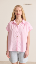 Flowy sleeveless poplin shirt with subtle gathers and elegant cut in soft pink color spring summer collection