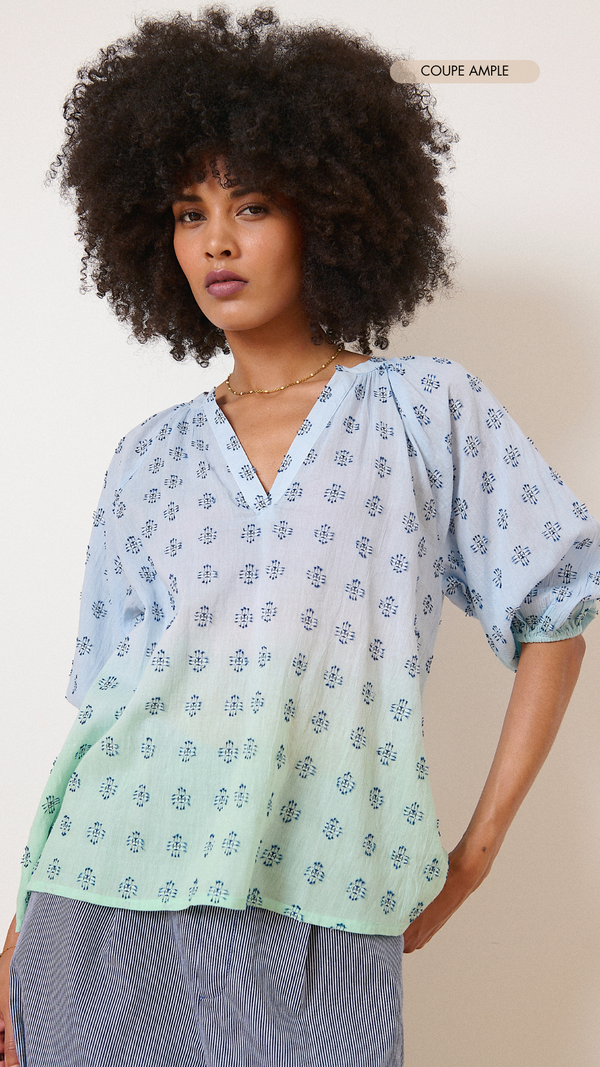 Handmade dip dye blouse in green and blue gradient with plumetis embroidery, women’s collection 