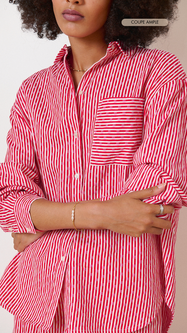 Straight shirt in red jacquard fabric with long buttoned sleeves and chest pockets top Garance Paris 